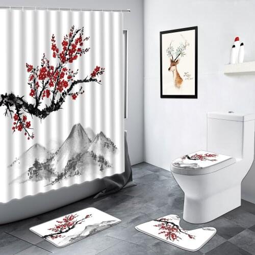 Plum Blossom Chinese Ink Painting Shower Curtain Leaves Red Flowers Scenery Bath Mats Set Non-slip Rug Toilet Mat bathroom Decor
