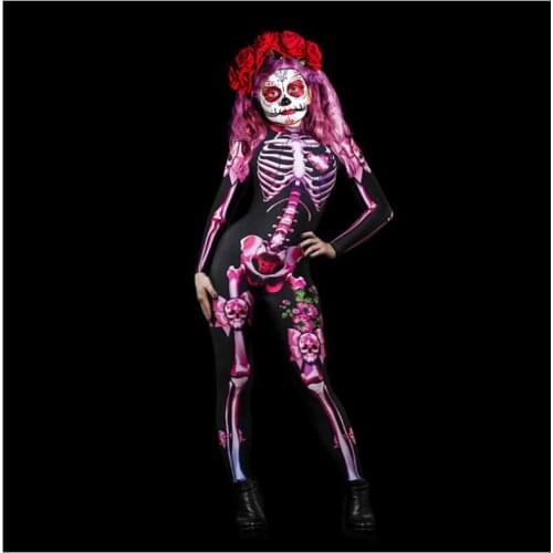Kid Gril Halloween Skeleton Cosplay Jumpsuit Pink Rose Women Sexy Skull Scary Costume Girl 3D Print Bodysuit