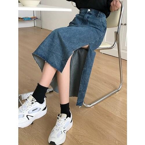 Denim skirt spring 2021 new high waist slim skirt female design sense split A-line skirt