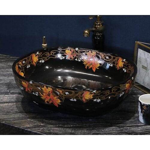 European Style Basin oval Ceramic Household Sink Artistic Basin Washbasin Gold pattern ceramic wash basin bathroom sink