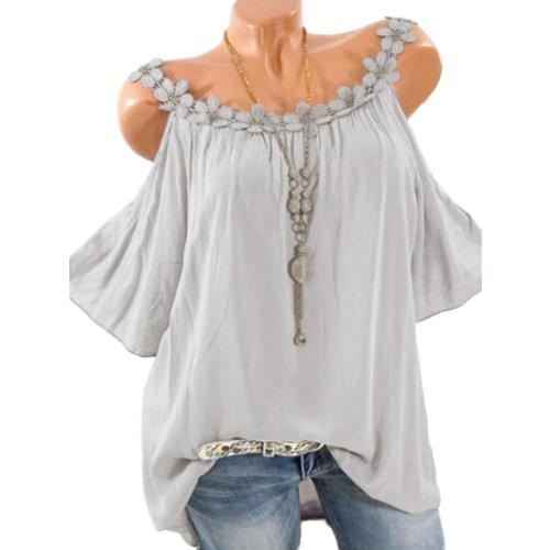 Plus Size Solid Color Fashion Women Tshirt Clothing Sexy Sling Cold Shoulder Short Sleeve Crochet Flower Streetwear T-Shirt Tees