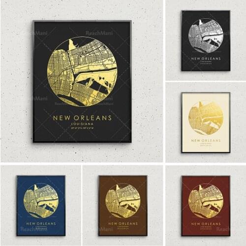 New Orleans map gold and silver printing city map round wall decoration poster gift United States