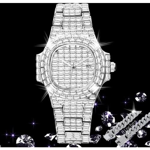 Classic 40mm Watch for Men Hip Hop Baguette Diamond Mens Watches Iced Out Luxury Quartz Wristwatch Man Crystal Bracelet Jewelry