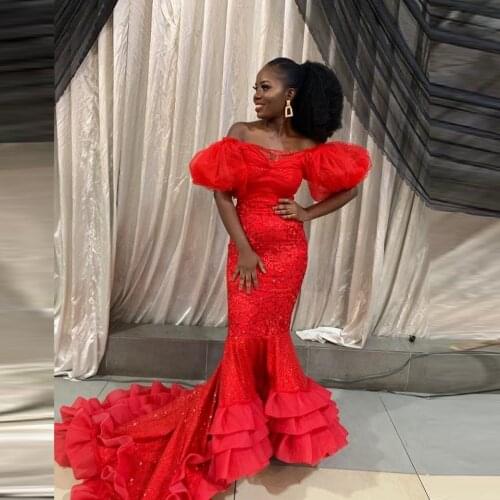 Red Aso Ebi Prom Dress 2021 For Black Girls Off Shoulder Sequined Appliques Mermaid Evening Dress African Women Party Gowns