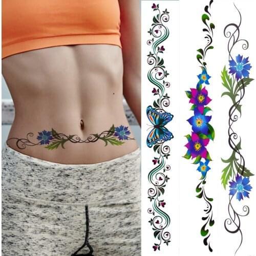 Colorful Thorns Flower Tattoos Sticker For Women Fake Body Art Waist Tattoo Realistic Butterfly Long Lace Tatoos Cover Up Sexy