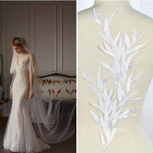 6 Pieces(3 Pairs) 2017 French Lace Fabric Ivory Embroidered Bamboo Leaf Lace Applique Wedding Dress Accessories 45*19cm