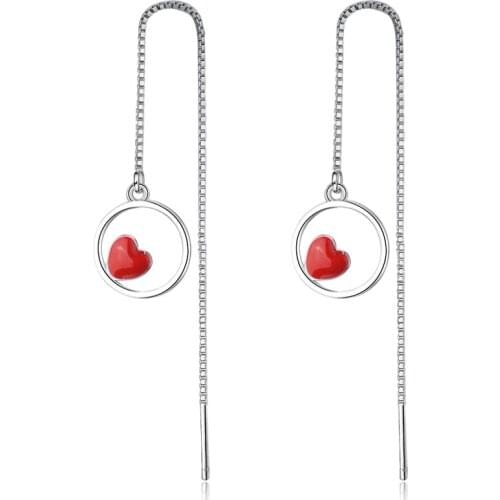 LUKENI Trendy 925 Sterling Silver Earrings Long For Women Accessories Cute Heart Red Tassel Earrings For Girl Birthday Jewelry