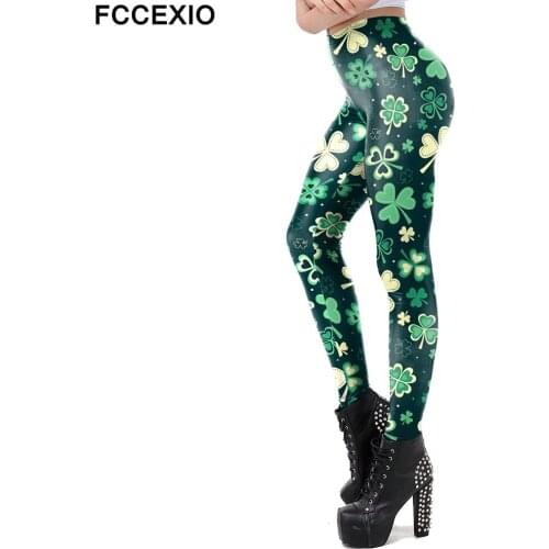 FCCEXIO Fashion 3D Printed Womens Leggings For Saint Patricks Day Green Shamrock Fitness Pants Workout Slim Leggins Spring