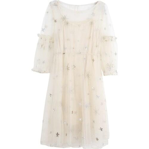 New Luxury blue Embroidered Three Quarter Sleeve Dresses Women O Neck A-Line Mesh Red Carpet Evening Party Dress