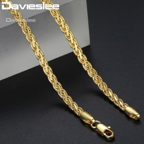 Davieslee Necklace For Women Men 5mm Hammered Flat Braided Wheat Chain Yellow Gold Filled Womens Necklace DGN319