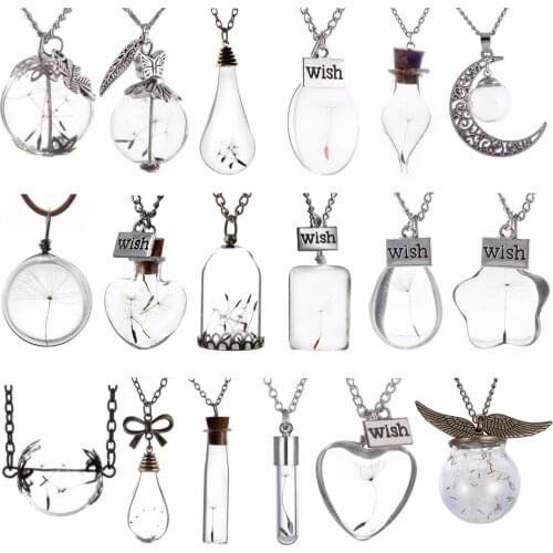 Make A Wish Transparent Glass Wishing Bottle Necklace Pendant For Women Bohemian Natural Dandelion Seed in Glass Chain