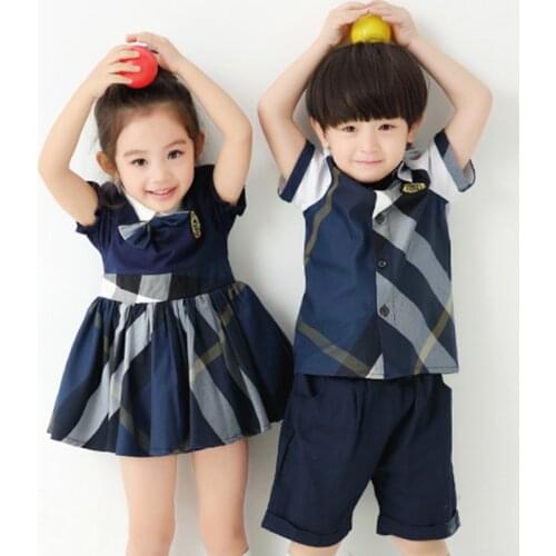 Girl dress blue plaid dress and Bowknot summer girls puff sleeve dress school uniforms brother and sister clothing 3-7T