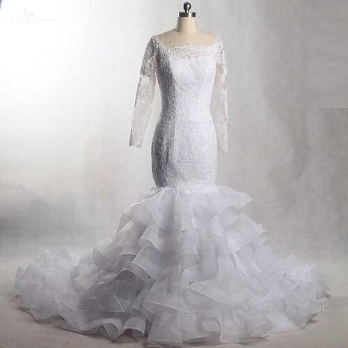 RSW1389 Yiaibridal Real Job Photos White Lace Long Sleeve Mermaid Organza Ruffle Wedding Dress