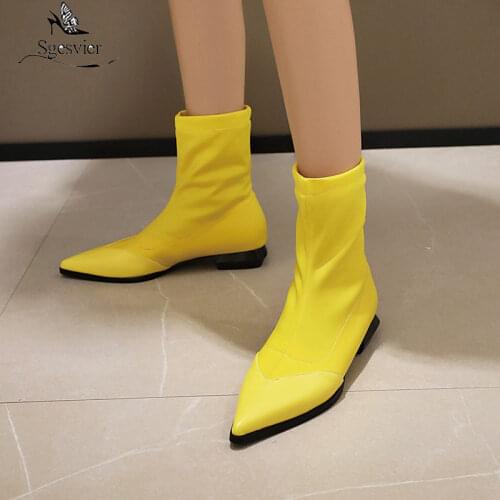Sgesvier Simple style sexy pointed toe ankle Chelsea boots elastic red yellow low heel thick heel riding boots womens shoes