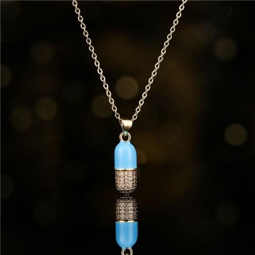 Unique Design Cute Pill Shape Pendant Necklace Gold Color CZ Stone 4 Colors Oil Dripping Necklace For Women Men Gift For Friend