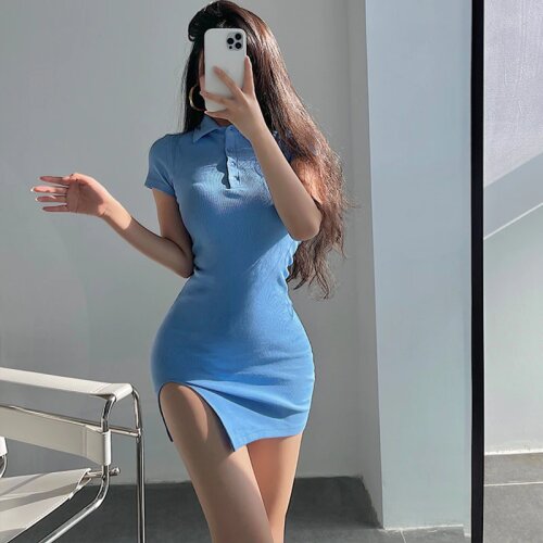 WOMENGAGA Hot Girl Sexy Tight Thin Lapel Polo Split Short Sleeve T Shirt Summer Party Dress Short Korean Women Clothes E0IT