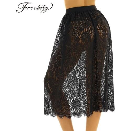 Women transparent half slip see through sheer underskirt high waist thin a-line midi skirts female openwork lace petticoat woman