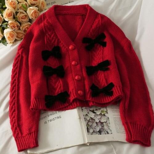 French niche Bowknot Short Sweater Women Cardigan 2021 New Long-Sleeved Single-breasted Cardigans Knitted Jacket Chic Tops