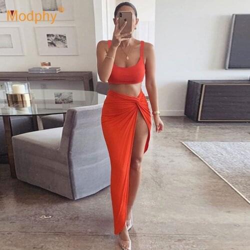 2020 New Sexy Women Set Vest Top & Split Pencil Long Skirt 2 Two-Piece Female Casual Evening Party Skirt Suit