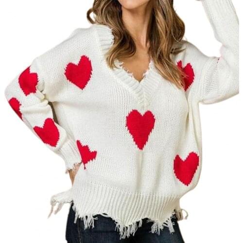 Women Loose Long Sleeve V Neck Knit Pullover Sweater Heart Patch Jumpers Top Female Loose Large Size Knitted Girl Clothes