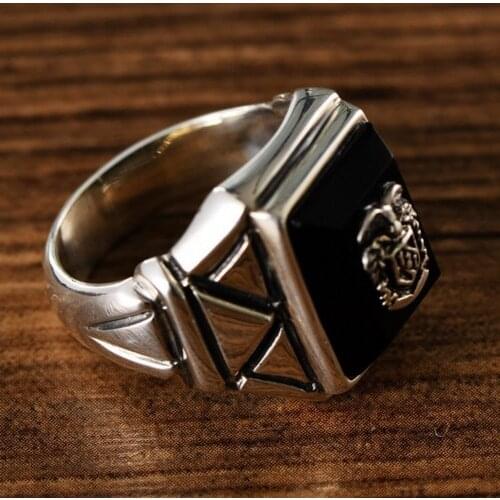 100% real s925 solid pure silver new trend black agate navy wide-faced domineering Thai silver man ringring