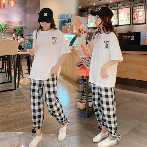 8213# T shirt + Maternity Plaid Pants Two-piece Maternity Clothes Loose Short Sleevess Set Pregnant Women Pregnancy Clothes