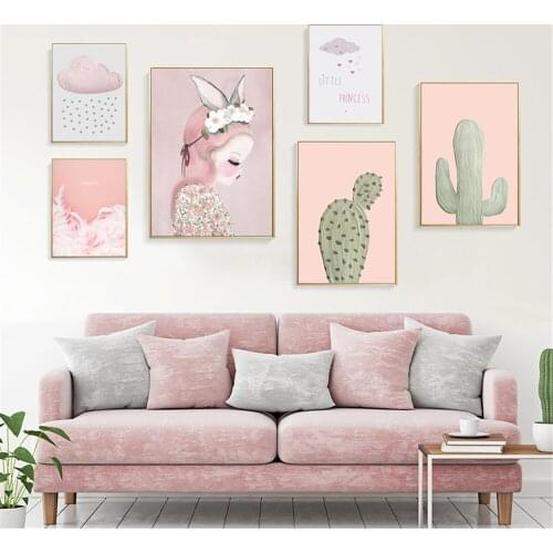 Abstract Cactus Girl Poster Pink Feather Cloud Heart Wall Art Print Baby Nursery Canvas Painting Nordic Pictures Kids Room Decor