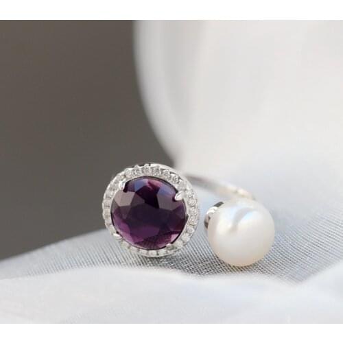 Authentic 925 Sterling Silver Creative Ring Purple Zircon Natural Pearl Opening Adjustable Ring Fashion Dating Party Must Have