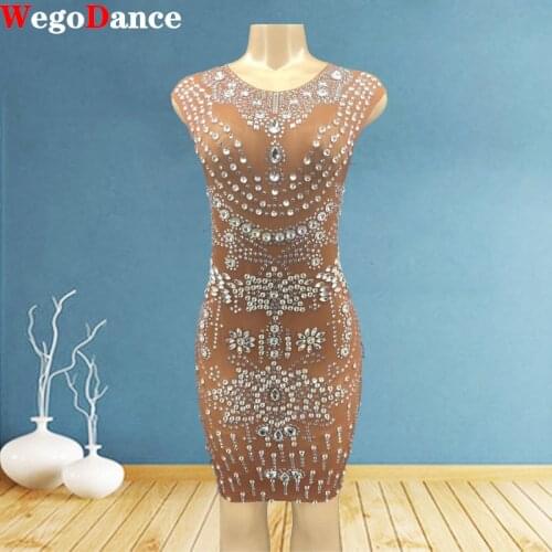 Sparkly Silver Rhinestone Transparent Mesh Dress Evening Birthday Celebrate Outfit Women Dancer Party Show