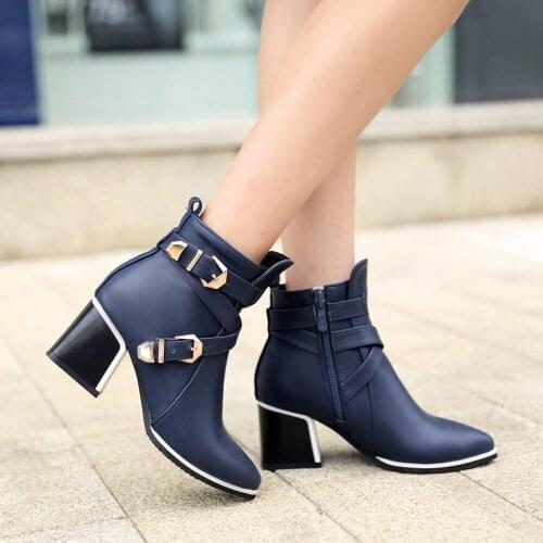 Large pointed toe square heel women boots fashion buckle ankle boots women shoes zipper high heel ladies boots