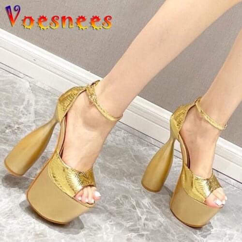 Metallic Striptease Sandals Summer New Fashion Chunky Heel 16CM Super High Heels Sexy Pole Dance Walk Show Party Women Shoes