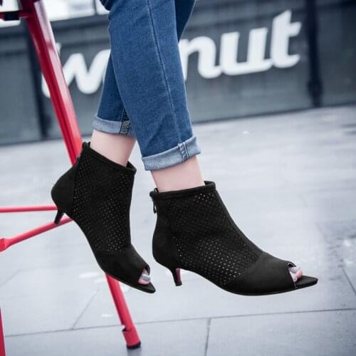 NEW Fish mouth Retro Womens Low Heel Shoes Hollow Ankle Thin Heel Summer bota feminina mujer Roman Zipper Ladies Boots Size32-43