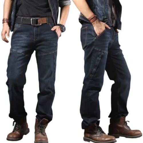 Men Loose stretch jeans Elasticity Straight Cargo Trousers Casual Cotton Baggy Overalls Mens Blue Black Mens Bottoms Plus Size