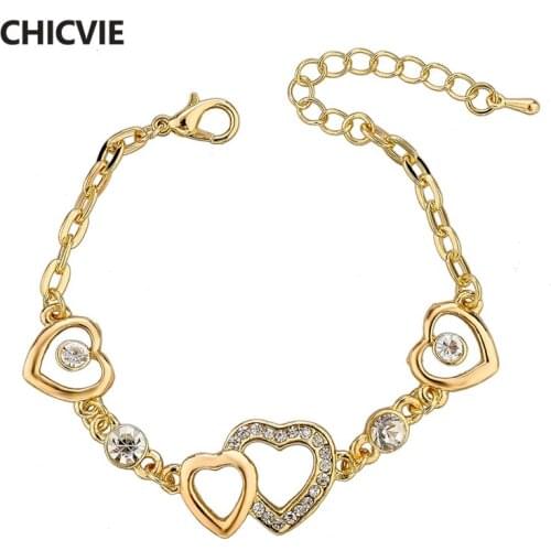 CHICVIE New Charms Heart Bracelets & Bangles For Women Gold Color Chain Luxury Brand Jewelry Stainless Steel Bracelets Sbr140371
