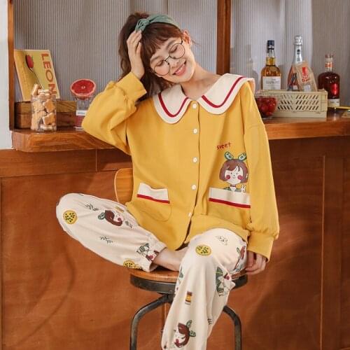 Home Wear Long Sleeve Autumn Winter Pajamas Sets Women 100% Cotton Sleepwear Lounge Indoor Clothing