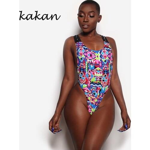 Kakan summer sexy womens digital printing triangle jumpsuit splicing floral one-piece backless tight bodysuit