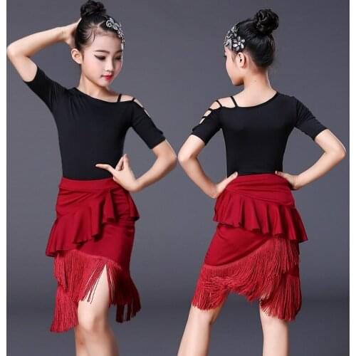 2 Piece Set Black Red Fringe Girl Latin Dance Dress For Girls Latin Dance Children Ballroom Dance Dresses Kids Salsa Cha Cha