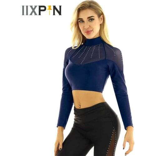 Dance Crop Top Women Dance Costume Shiny Rhinestones Mesh Spliced Shoulder Long Sleeves Ballet Stage Performance Dancewear Tops
