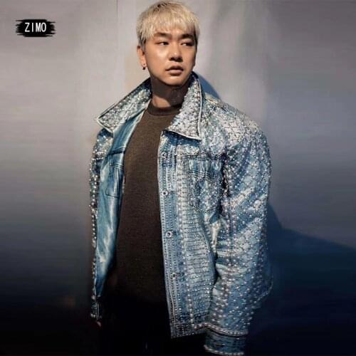 Fashion rhinestone pearl sparkly coat Jacket For men Long Sleeve Oversize Denim DS Jacket rave festival dance costume clubnight