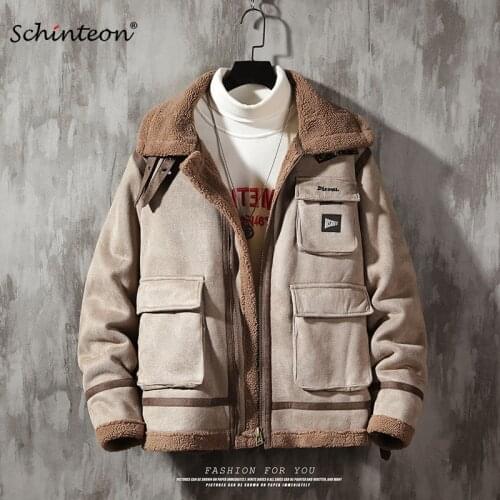 Schinteon Men Suede Leather Jacket Winter Warm Outwear Faux Lamb Wool Fur Loose Coat Pockets Over Size M-5XL Drop Shipping
