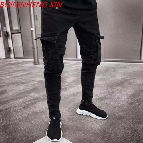 Men Biker Ripped Long Denim Trousers Skinny Jeans Pants Destroyed Stretchy-Black Pants Zipper Multi-pocket overalls