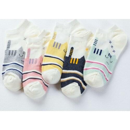 5 Pairs/Lot Cheap Latest 100% Cotton Cartoon Cut Animal Cat Short Lady Socks Set Breathable Lovely Women Sox Summer Home Ankle