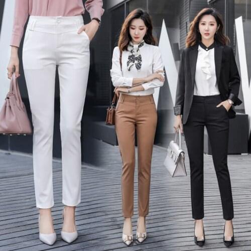 Autumn 2021 High Waist Women Slim Straight Pants Office Lady Work Wear Plus Size Formal Pockets Black White Blue Clothes