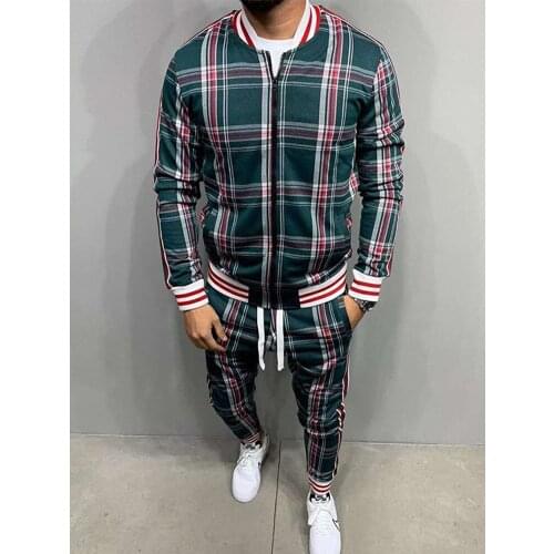 Autumn Europe United States Cardigan Checkered Coat +Sweatpants Fashion Mens Casual Two-Piece Suit 3D Print Clothing