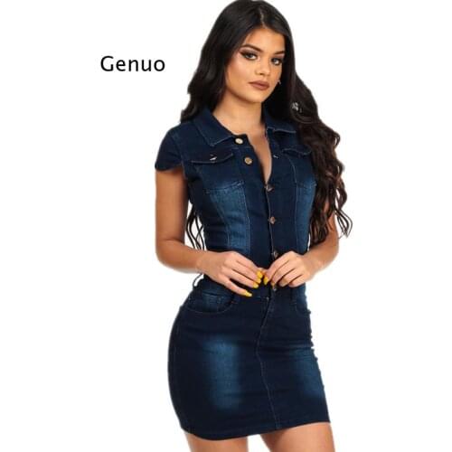 Sexy Turndown Collar Cotton Bodycon Jeans Dress Buttons Summer Plus Size Party Club Denim Dress Women Short Mini Dress
