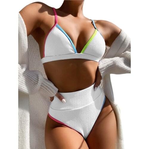 Sexy Women Swimsuit 2021 Two Pieces Bikini Sets Color Stripe Swimwear High Waist Brazilian Bikini Summer Beachwear Bathing Suit