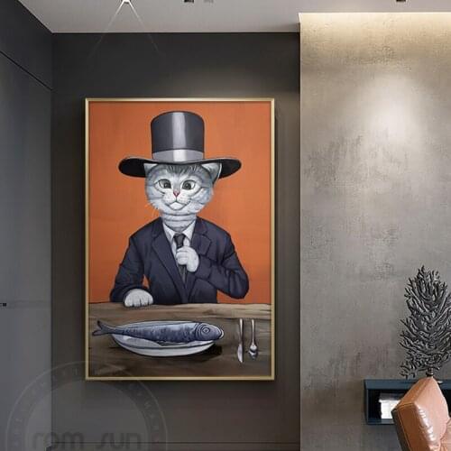 Modern Style Cute Cat with Suit and Cap Wall Pictures for Living Room Bedroom Aisle Colorful Canvas Painting and Art Posters