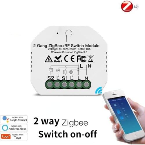Tuya 2-way ZigBee 3.0 Smart Light Switch Relay Module 2 Gang Smart Life/Tuya App Control, Works with Alexa Google Home Yandex
