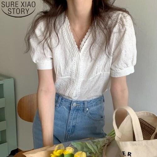 Casual White Lace Blouse Women Shirts Blouses Tops Summer New 2021 Fashion V-neck Loose Shirt Puff Sleeve Top Blusas Mujer 14825