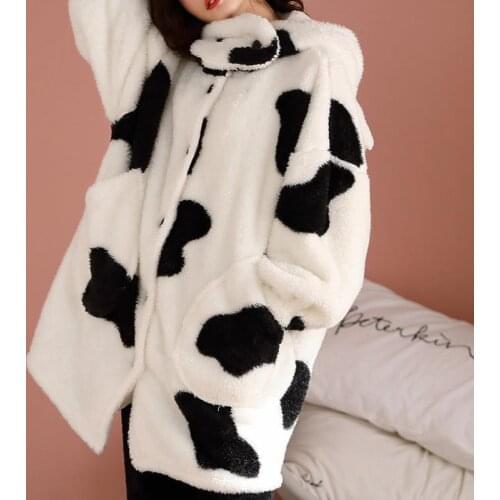 Women Winter Robes Home Clothes Flannel Sleepwear Girls Animal Fleece Pajamas Female Cartoon Cow Thick Hooded Nightgown Kawaii